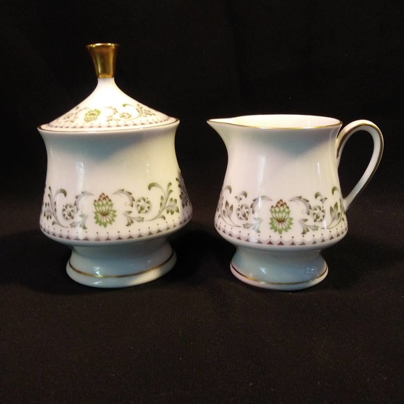 Johann Seltmann Vohenstrauss Sugar n Creamer w Lid Green Floral Gold Trim - Picture 2 of 16